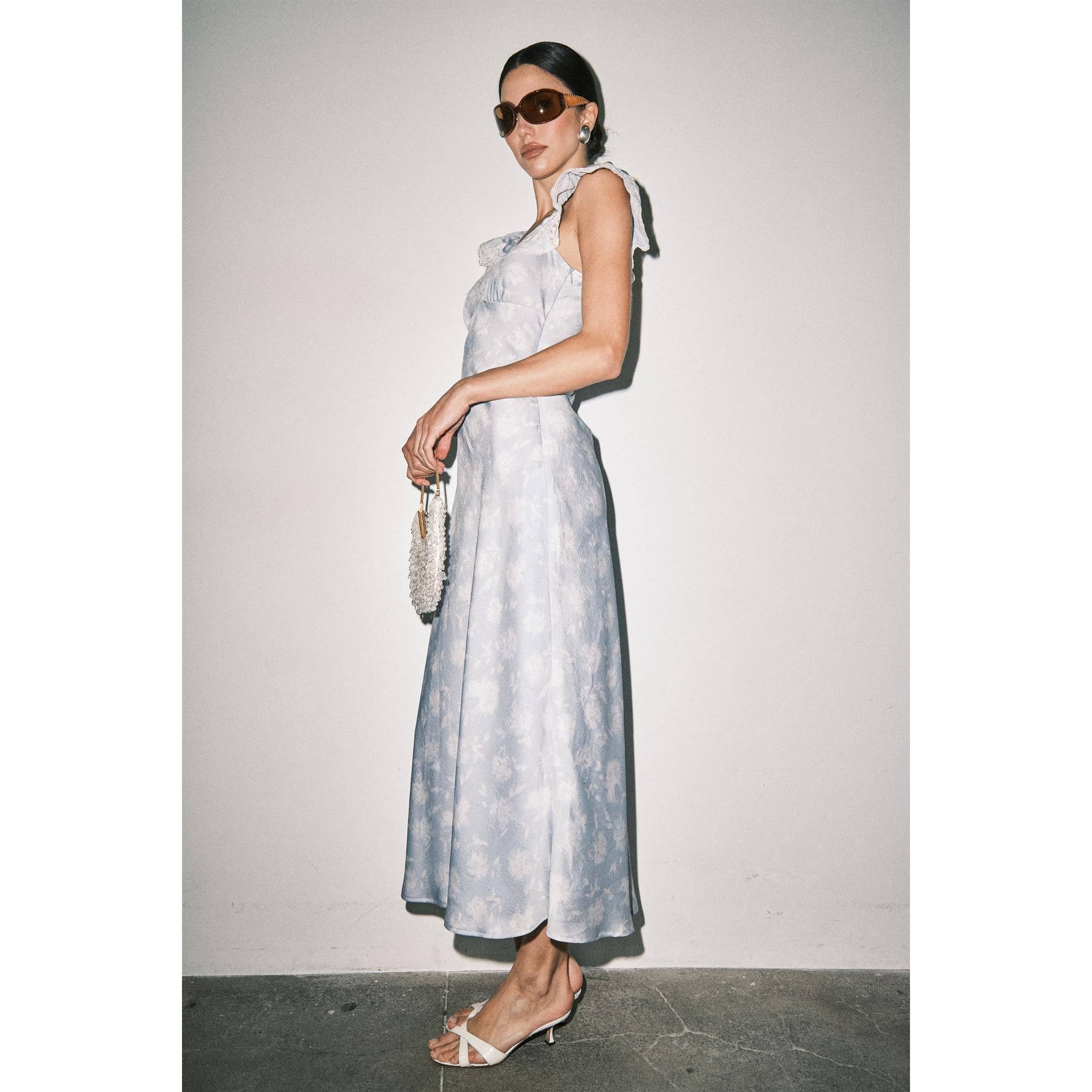 Camille Floral Satin Midi Dress - Light Blue Floral