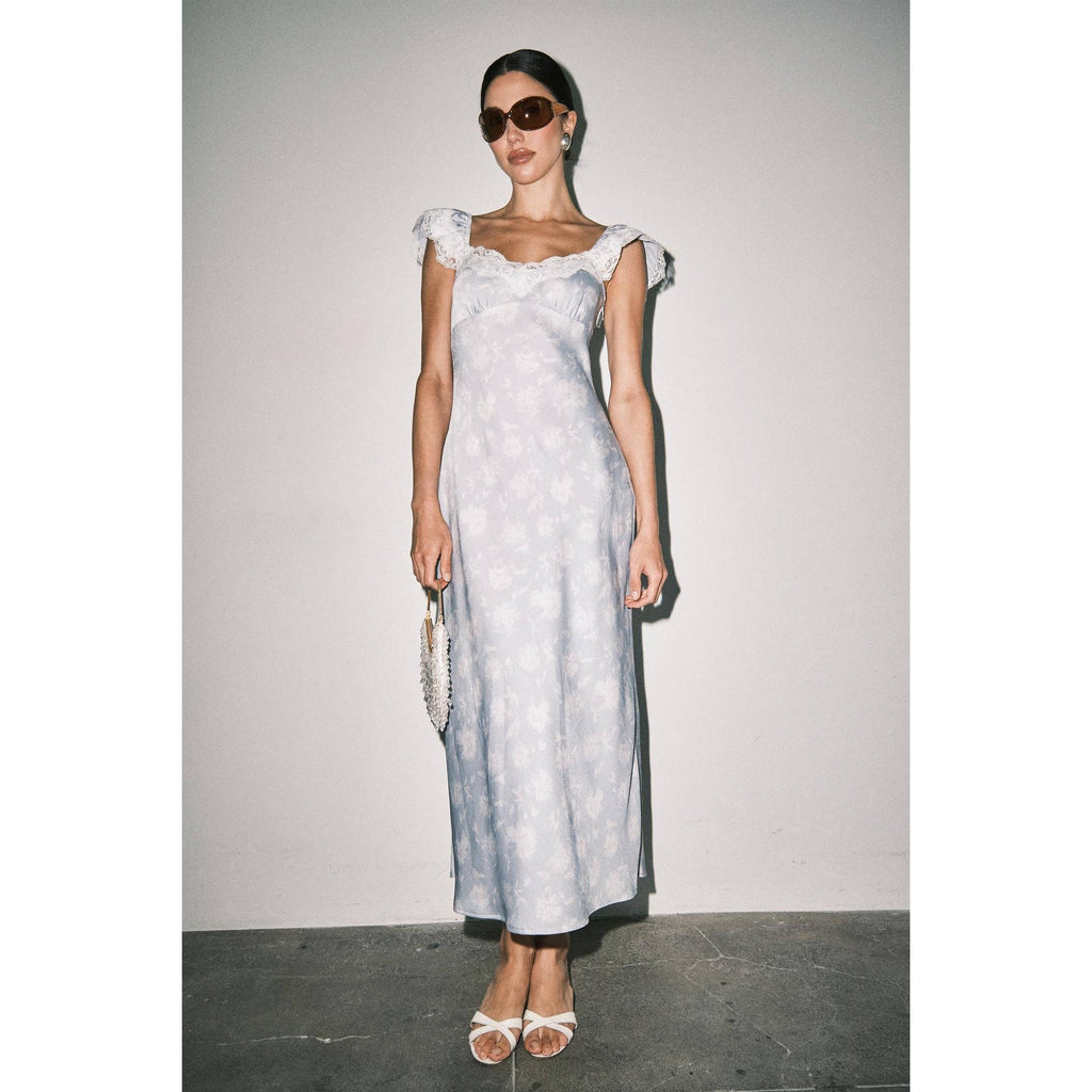 Camille Floral Satin Midi Dress - Light Blue Floral