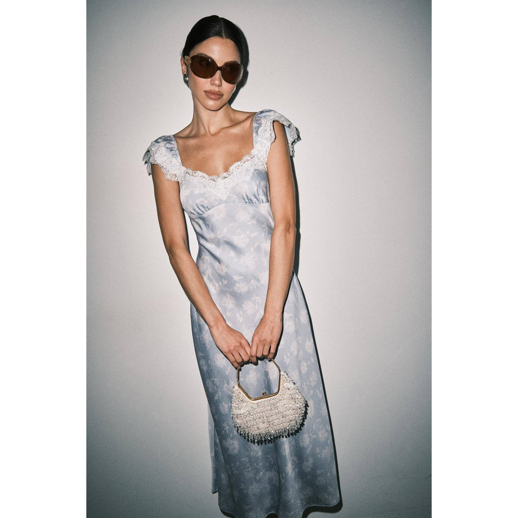 Camille Floral Satin Midi Dress - Light Blue Floral
