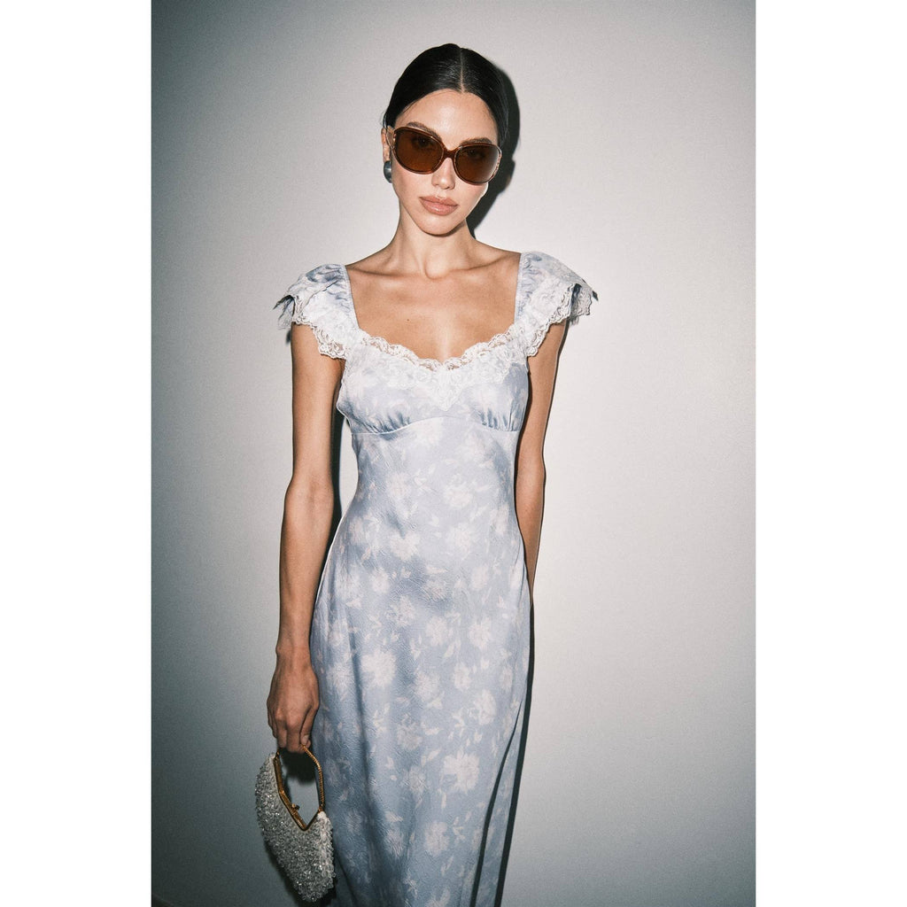 Camille Floral Satin Midi Dress - Light Blue Floral