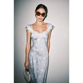 Camille Floral Satin Midi Dress - Light Blue Floral