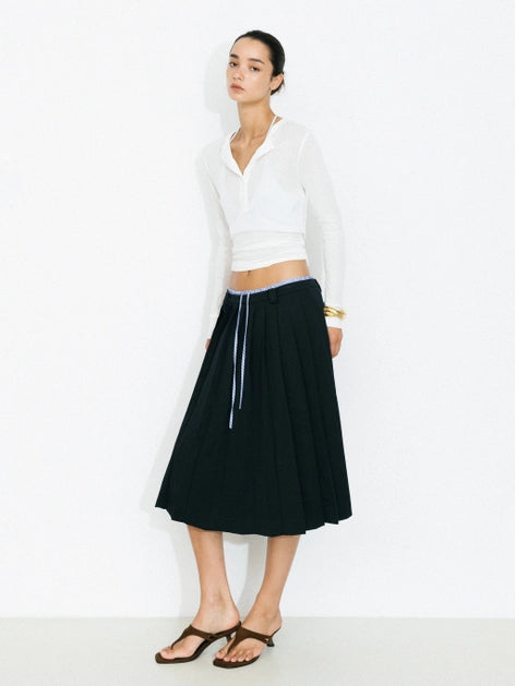 Double Waistband Contrast Pleated Skirt - Navy