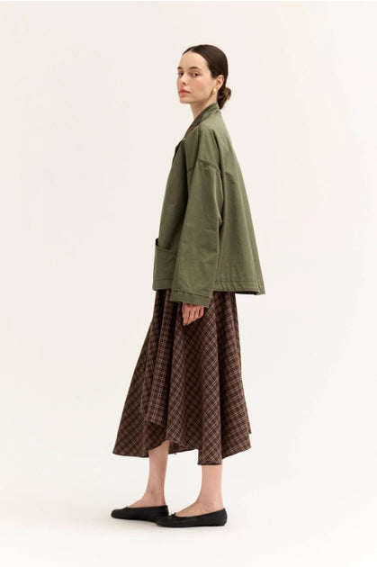 High Collar Corduroy Lining Zip Jacket - Moss Grain