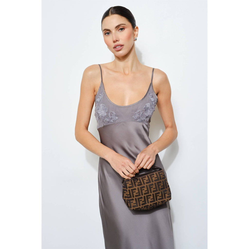 Clarisse Embroidered Satin Slip Dress - Charcoal