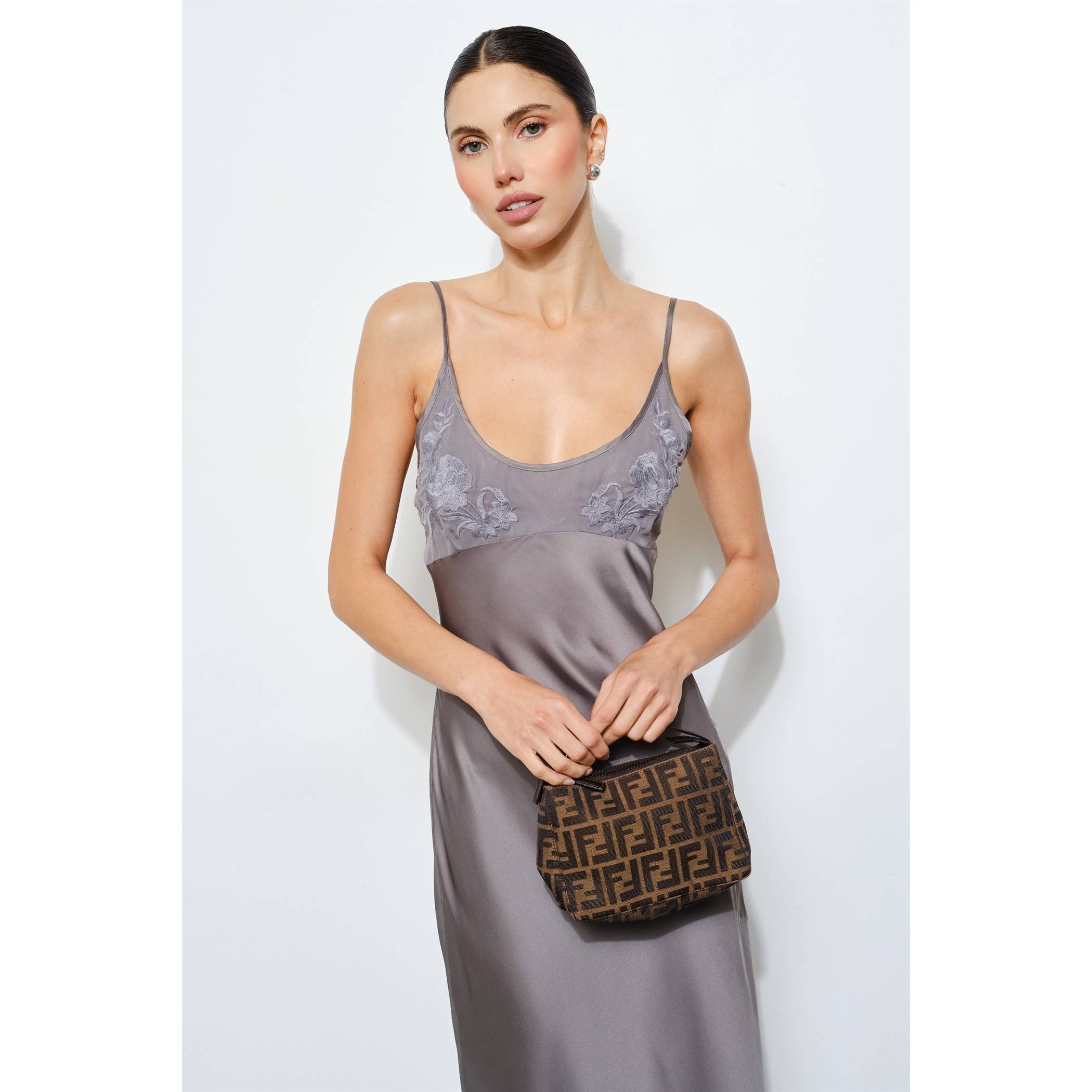 Clarisse Embroidered Satin Slip Dress - Charcoal