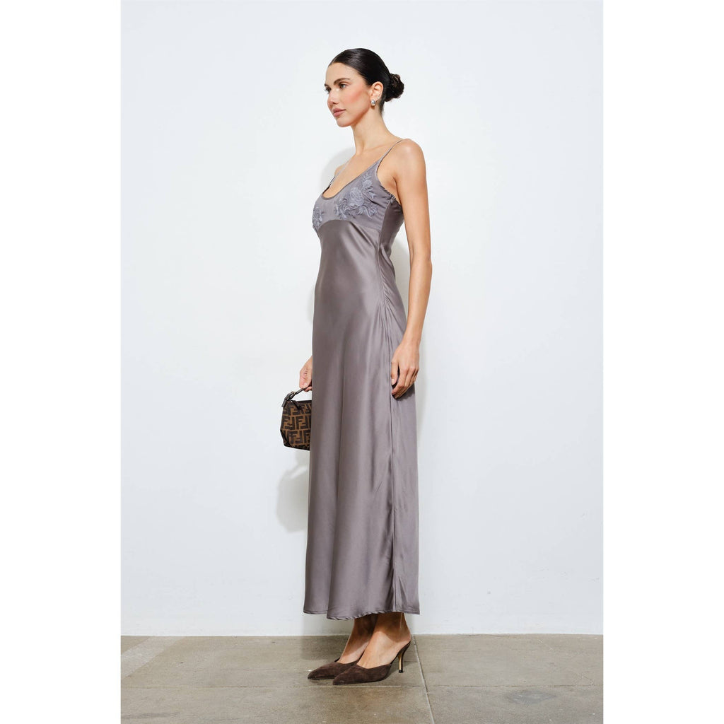 Clarisse Embroidered Satin Slip Dress - Charcoal