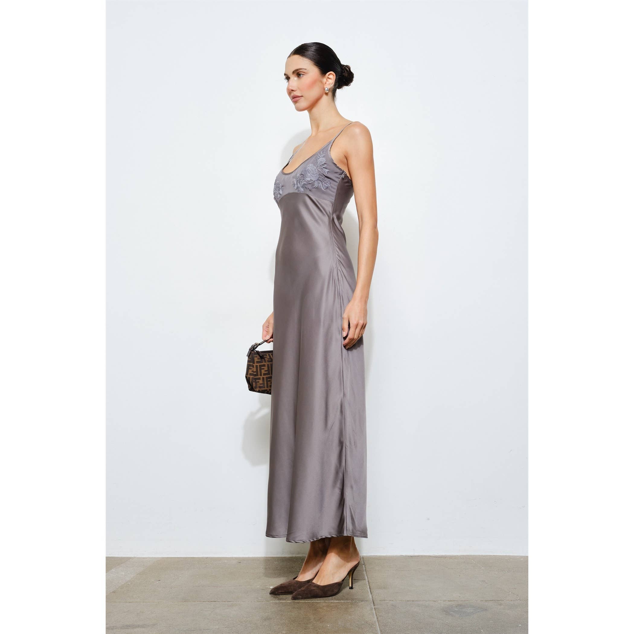 Clarisse Embroidered Satin Slip Dress - Charcoal
