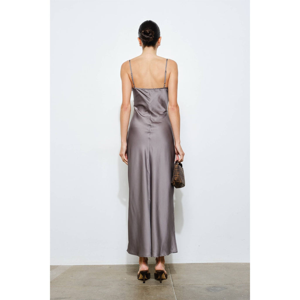 Clarisse Embroidered Satin Slip Dress - Charcoal