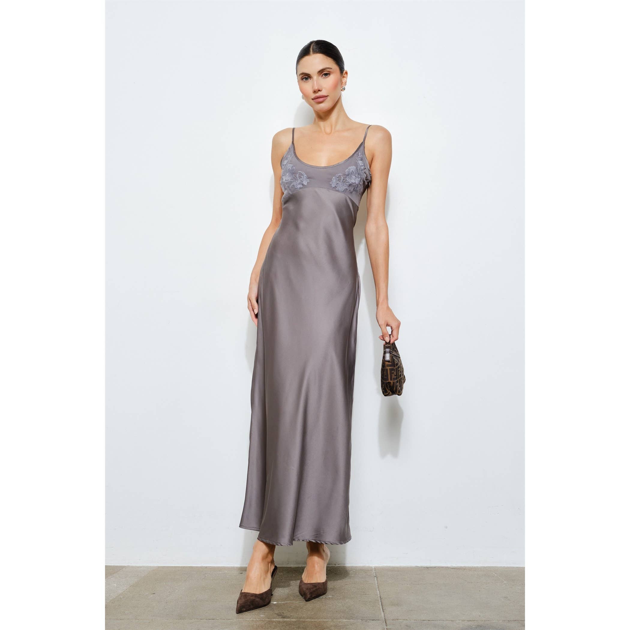 Clarisse Embroidered Satin Slip Dress - Charcoal