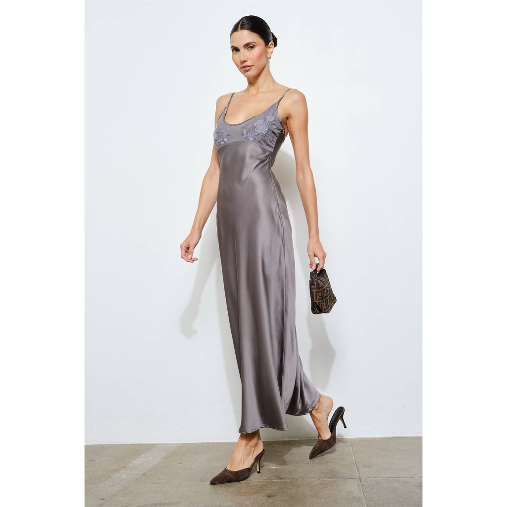 Clarisse Embroidered Satin Slip Dress - Charcoal