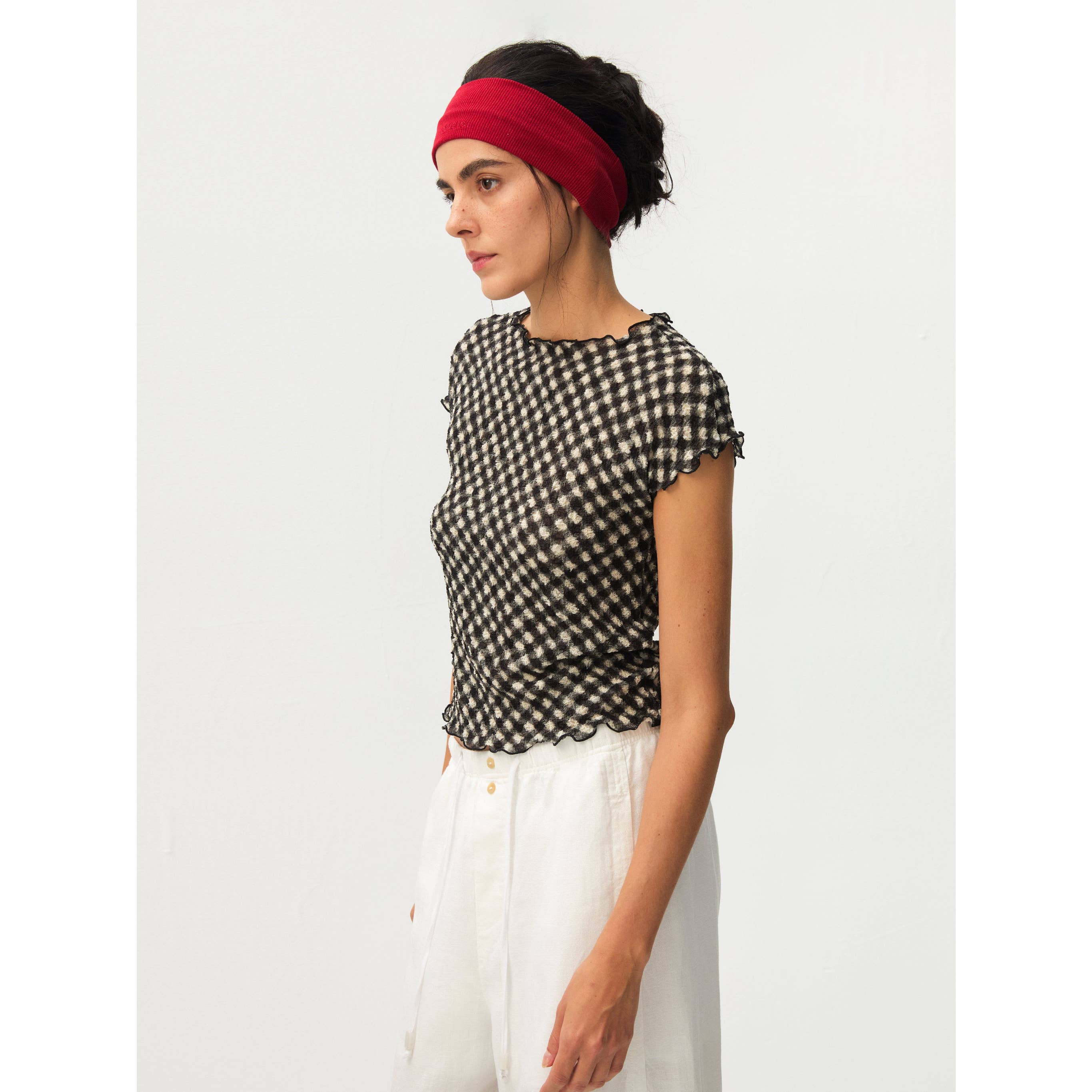 Gingham Print Ruffle-Edge Top