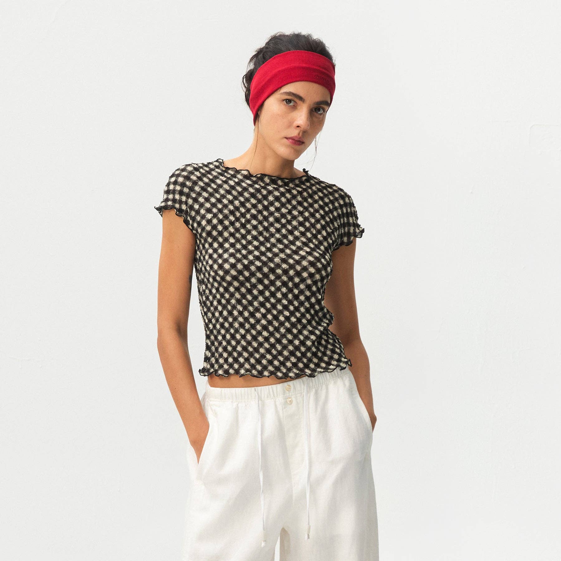Gingham Print Ruffle-Edge Top