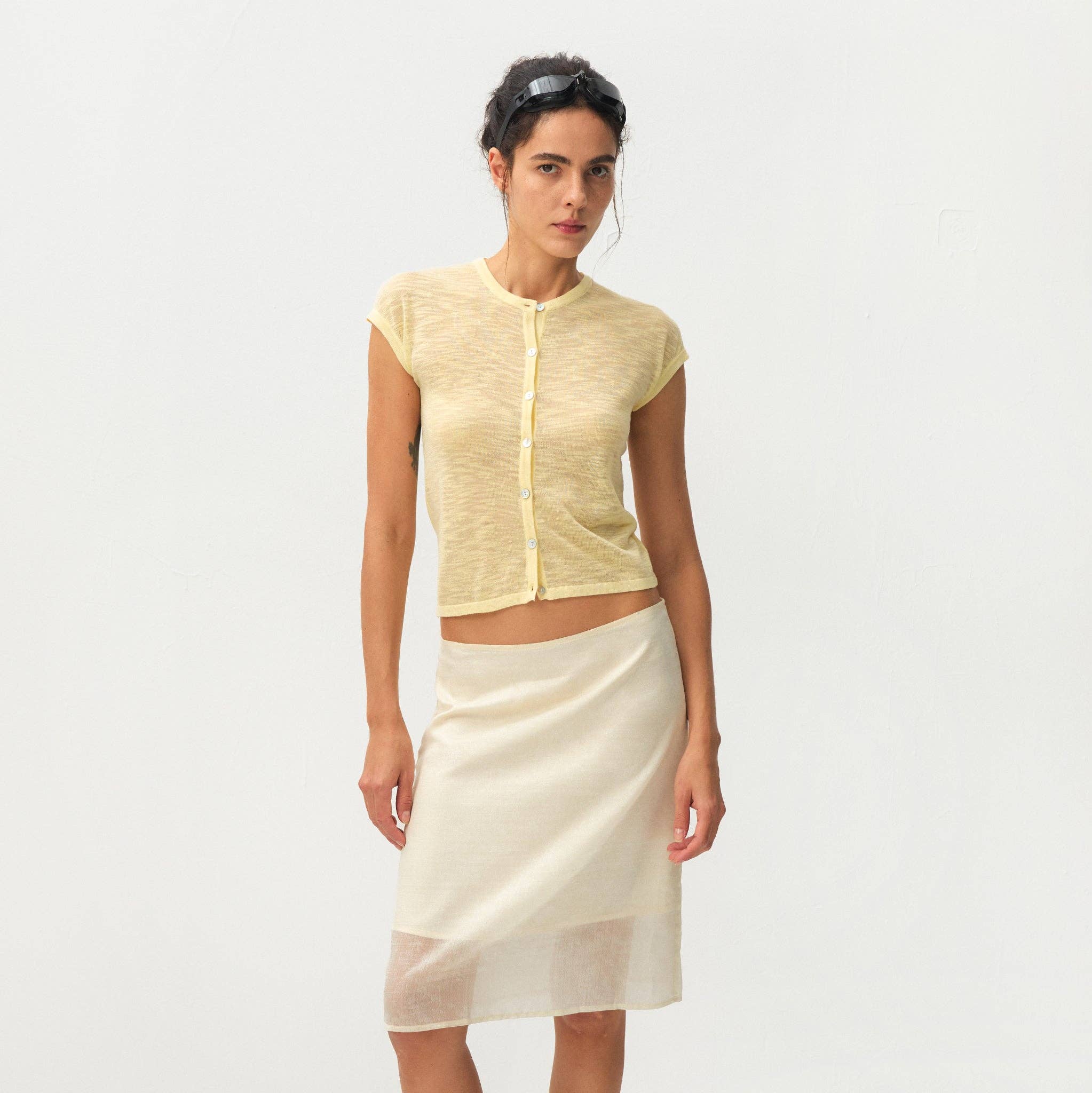Lyocell Semi-Sheer Pencil Midi Skirt - Beige