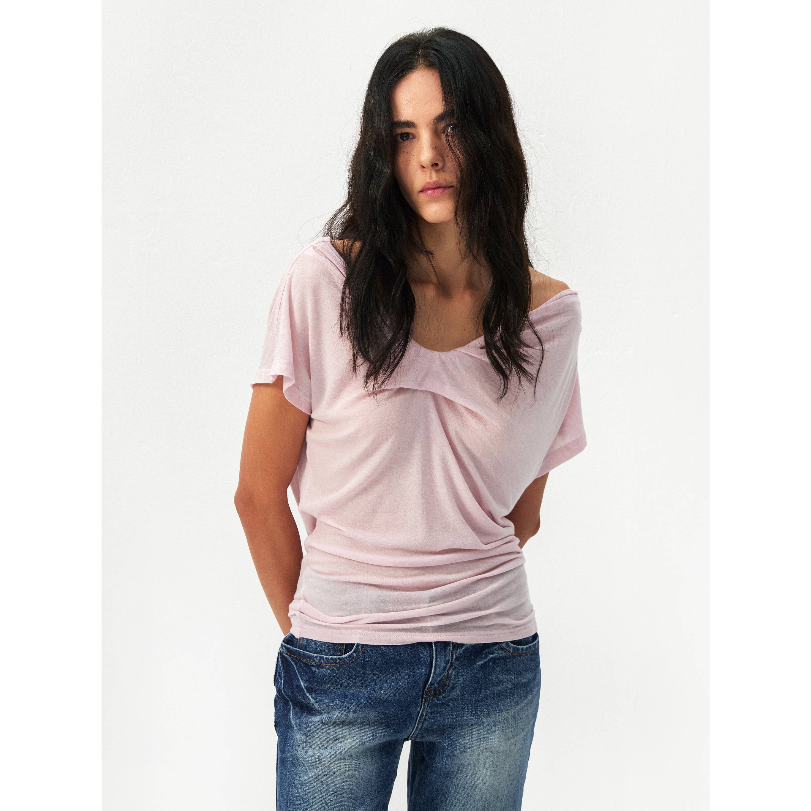 Lyocell-Wool Blend Draped Top - Pink