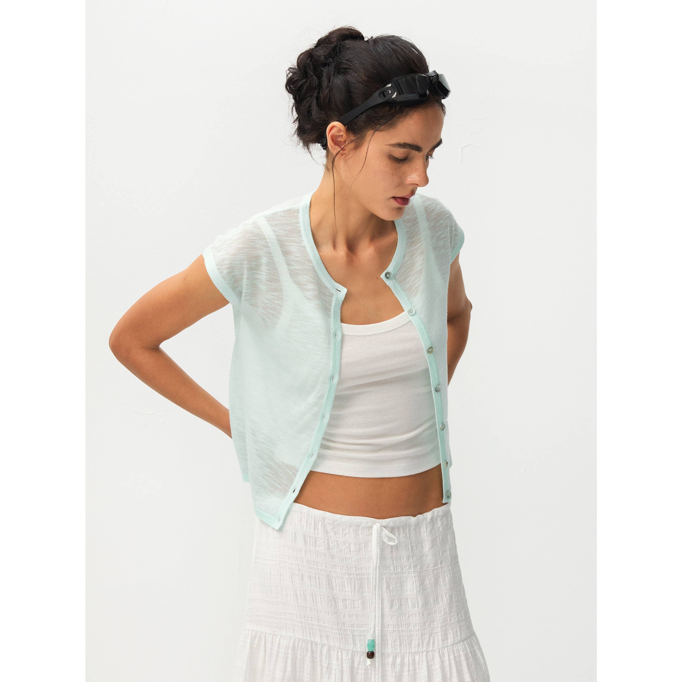 Recycled Viscose Sheer Knit Cardigan - Mint Green