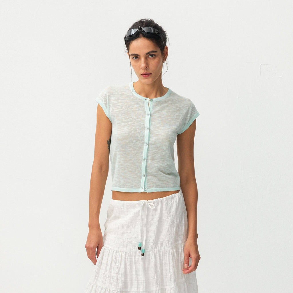 Recycled Viscose Sheer Knit Cardigan - Mint Green