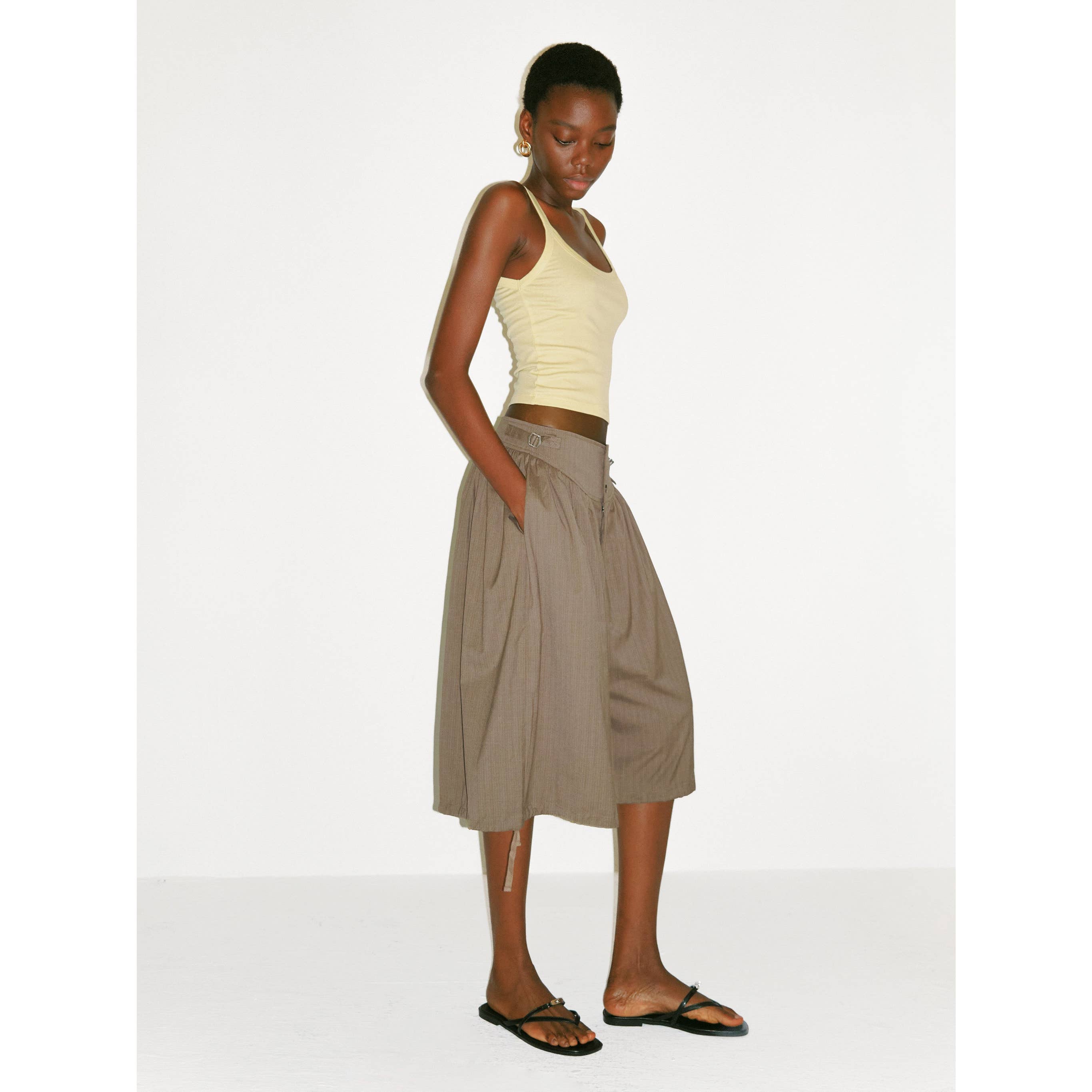 Striped Button-Front Culottes - Coffee