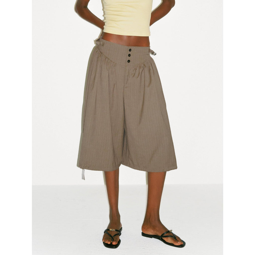 Striped Button-Front Culottes - Coffee