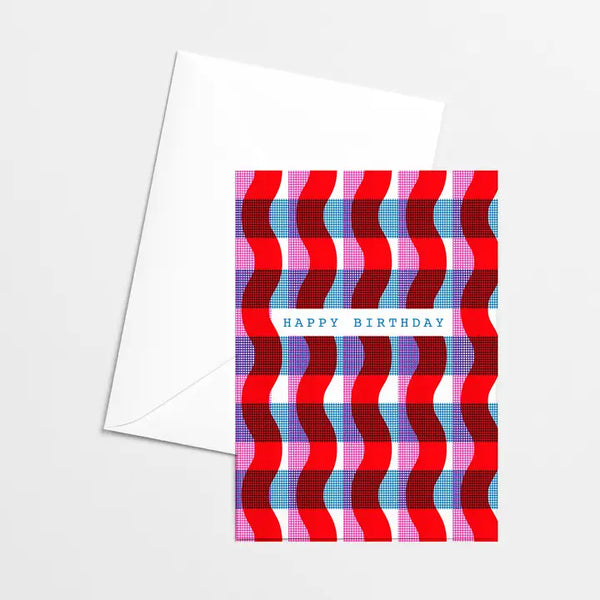 Gingham Happy Birthday Pink/Red Risograph Greeting Card