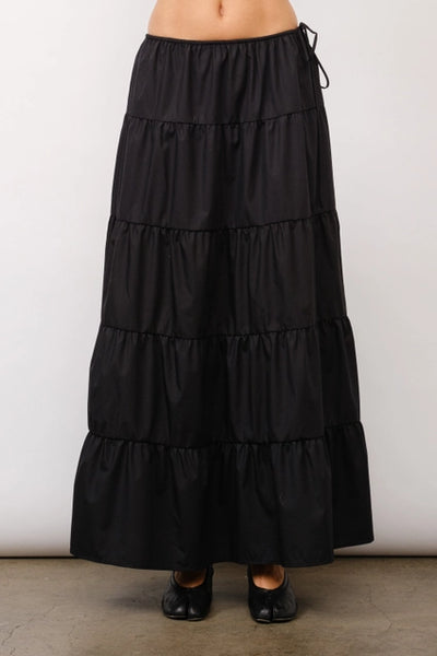 Claudine Tiered Maxi Skirt w/ Waist Ties - Black