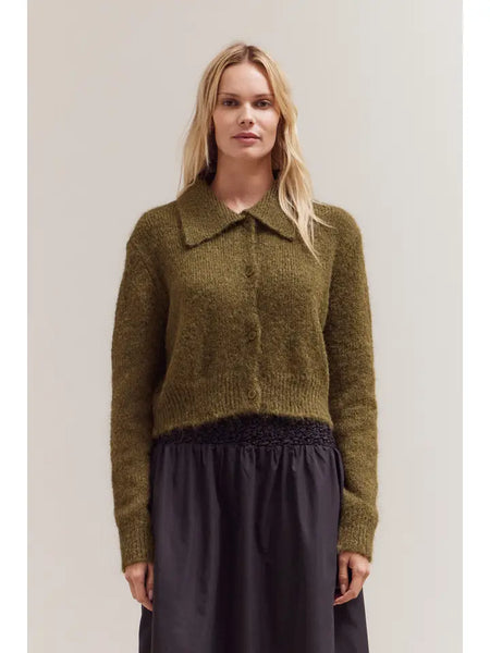 Button Up Collar Neck Cardigan - Dark Moss