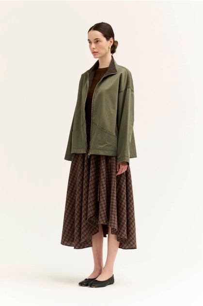 High Collar Corduroy Lining Zip Jacket - Moss Grain