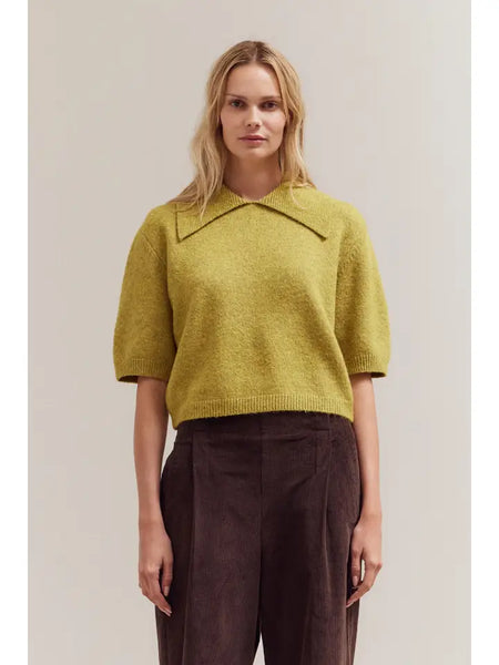 3/4 Short Sleeve Collar Neck Knit Top - Citron
