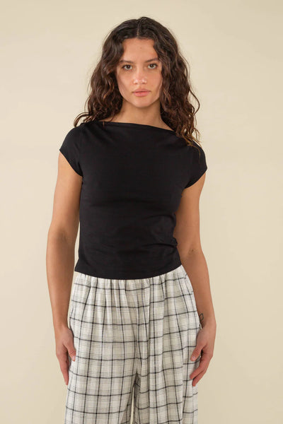 Brisa Contrast Boatneck Baby Tee - Black