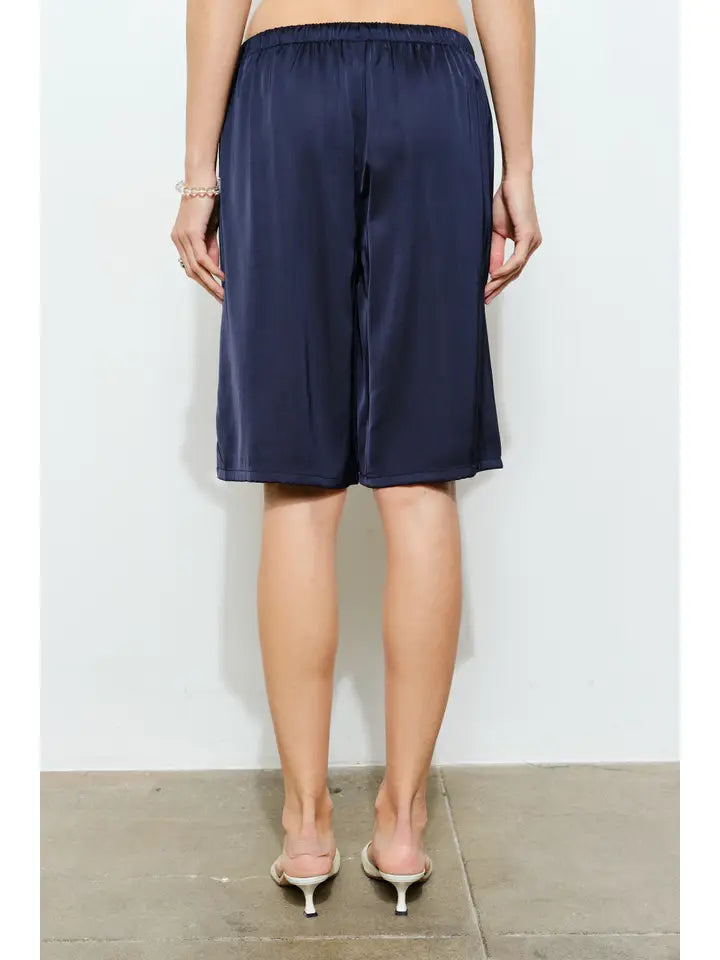 Lily Relaxed Fit Satin Long Shorts - Navy