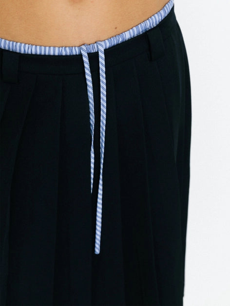 Double Waistband Contrast Pleated Skirt - Navy