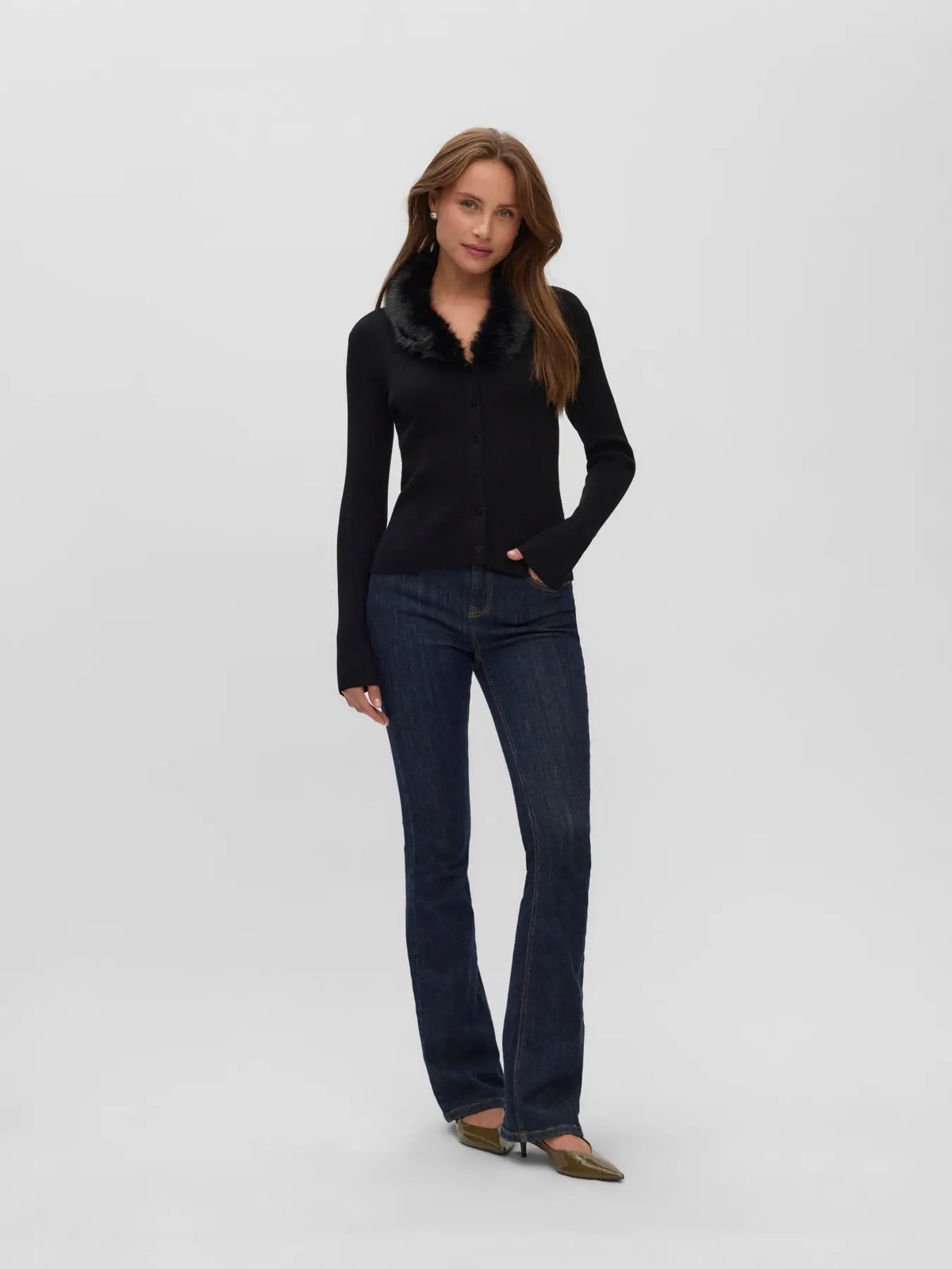 Phoenix V-Neck Faux Fur Cardigan - Black
