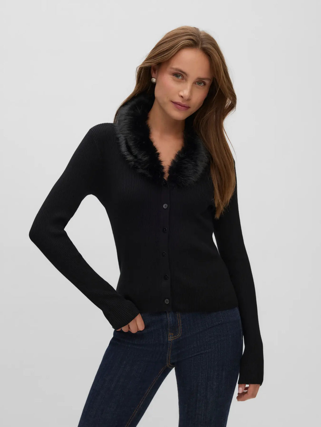 Phoenix V-Neck Faux Fur Cardigan - Black