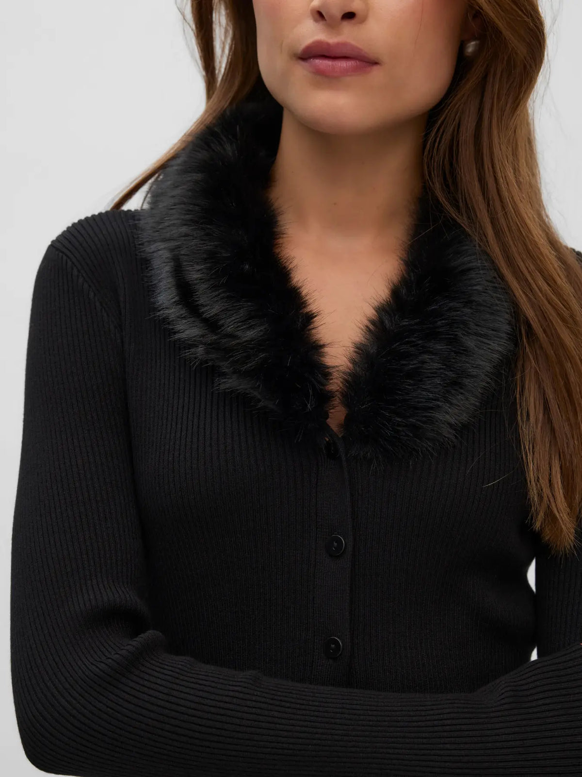 Phoenix V-Neck Faux Fur Cardigan - Black