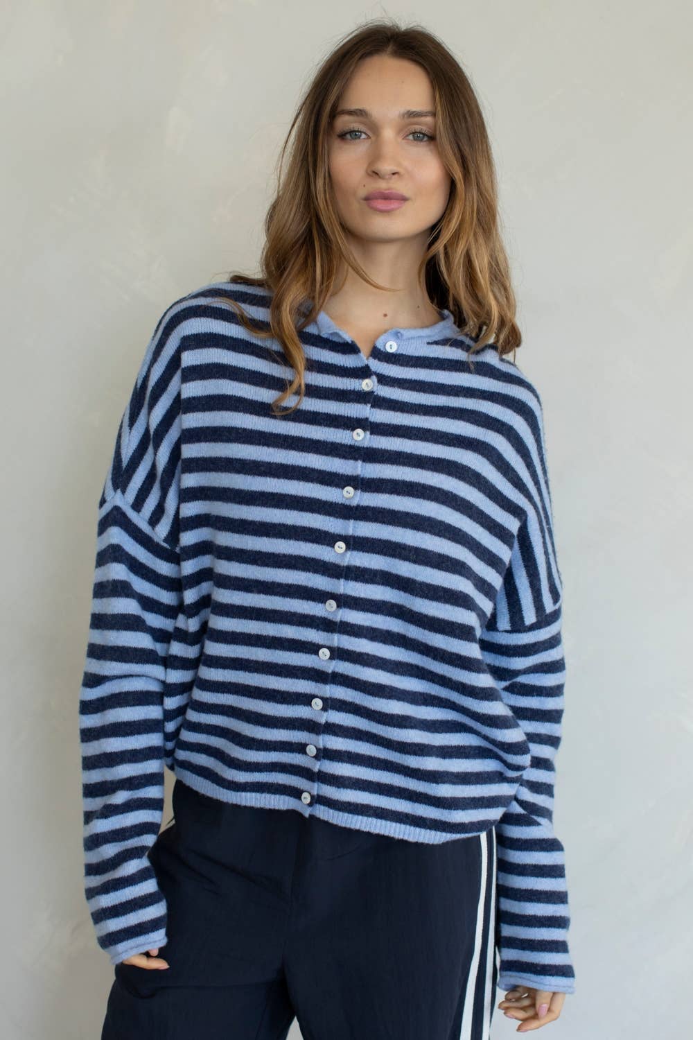 Striped Piper Cardigan - Dusty Blue