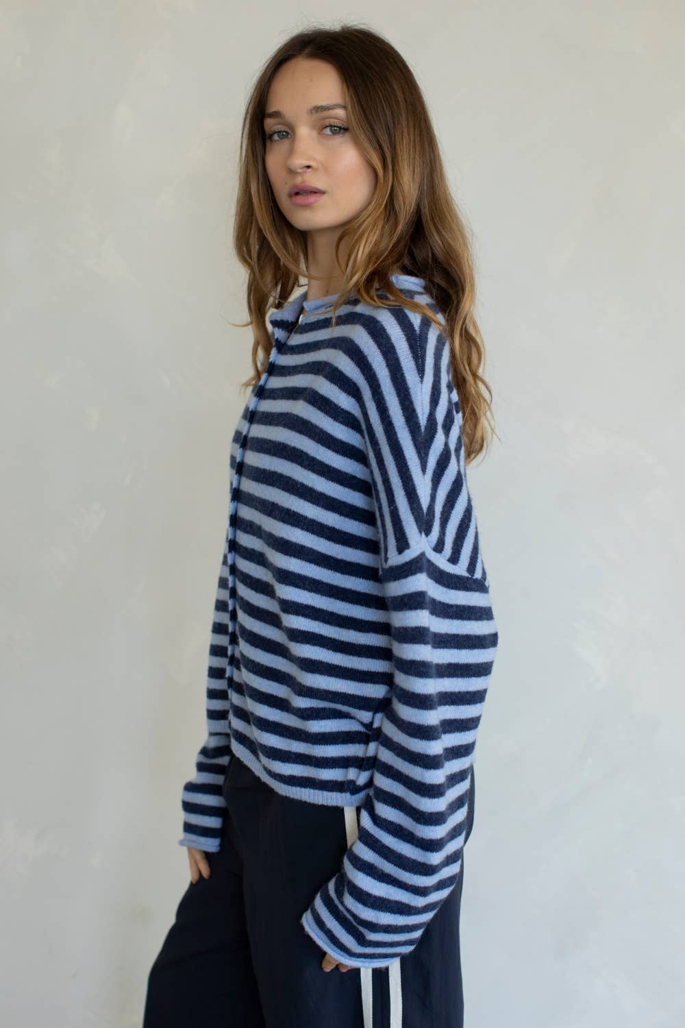 Striped Piper Cardigan - Dusty Blue