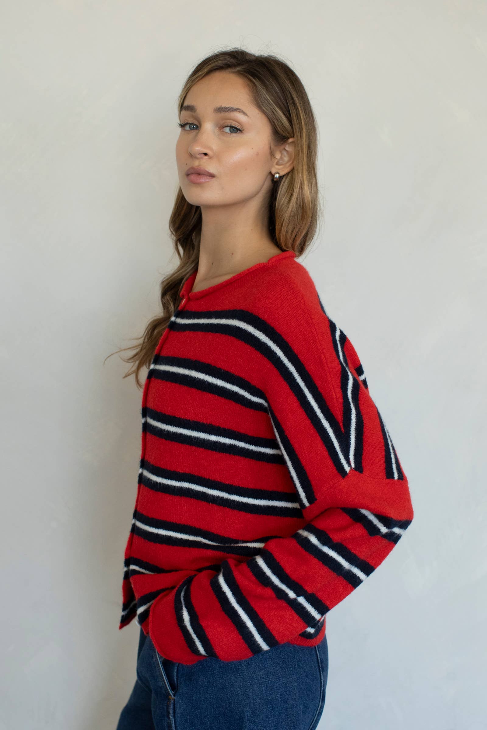 Varsity Stripe Piper Cardigan - Tomato Red