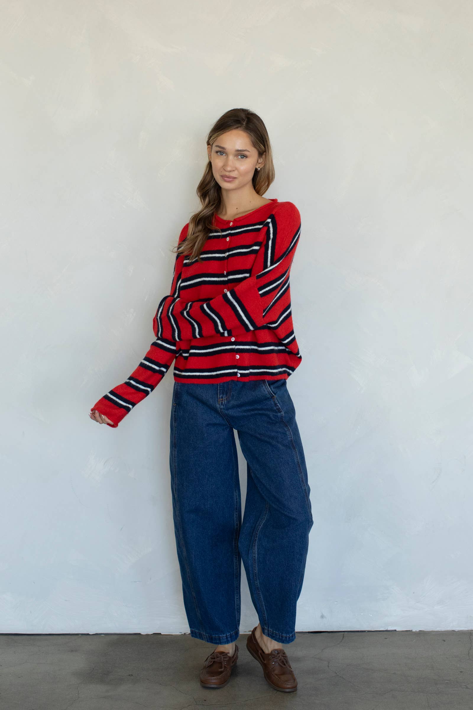 Varsity Stripe Piper Cardigan - Tomato Red