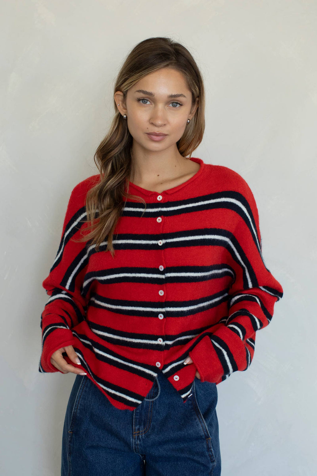 Varsity Stripe Piper Cardigan - Tomato Red