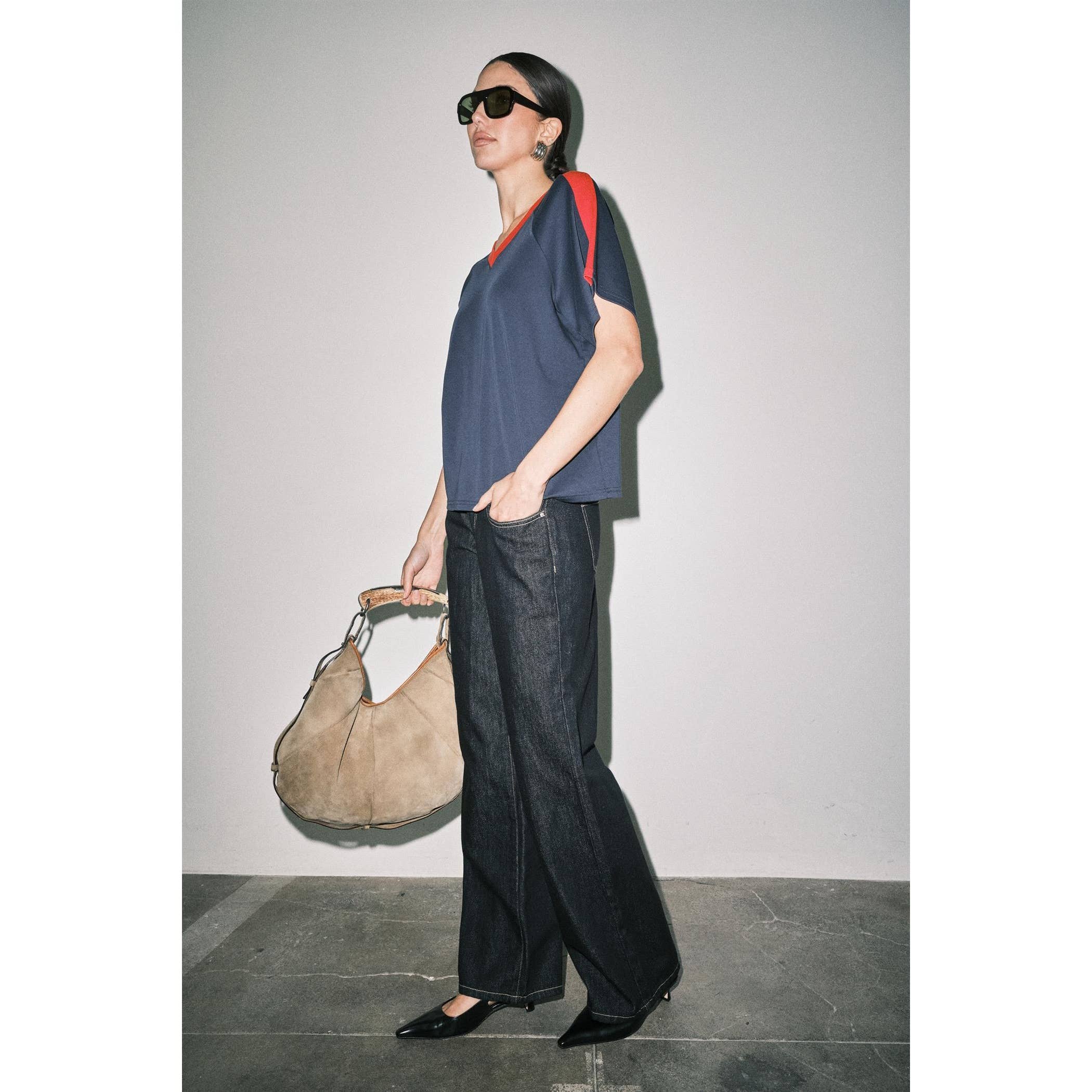 Ruth V-Neck Boxy Tee  - Navy