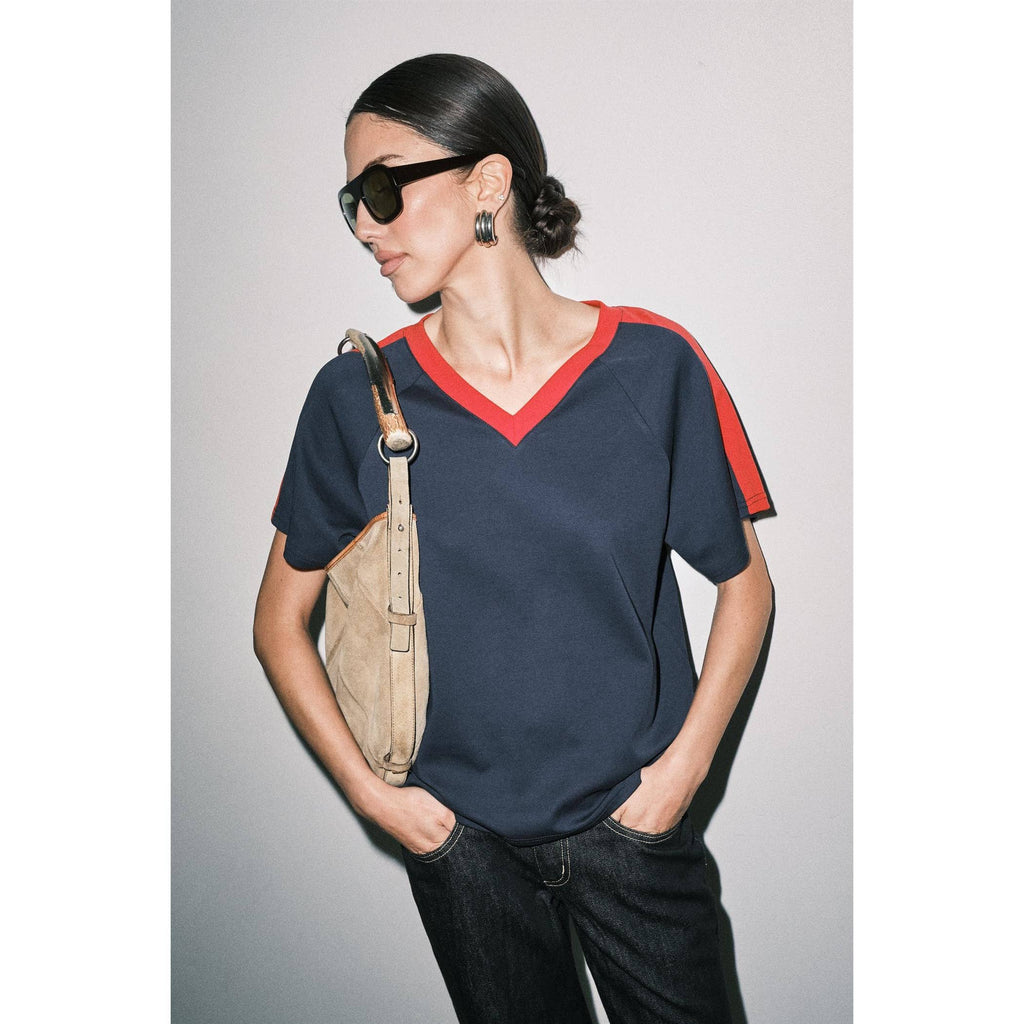 Ruth V-Neck Boxy Tee  - Navy