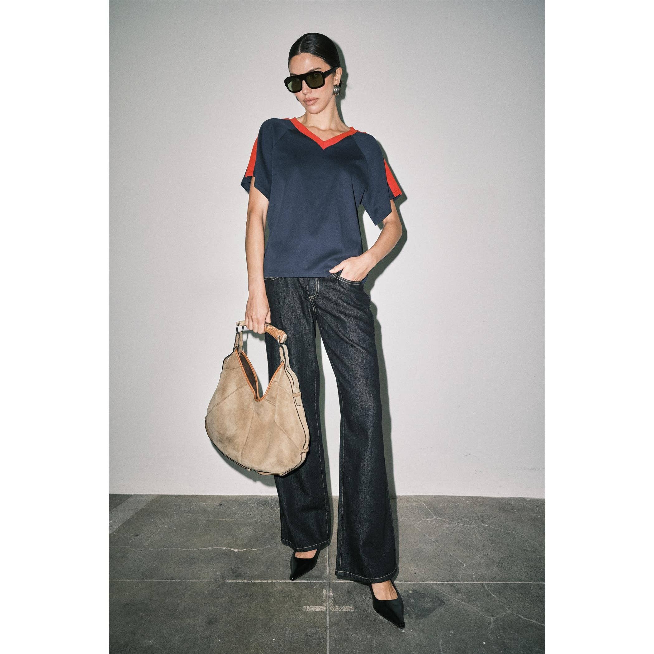 Ruth V-Neck Boxy Tee  - Navy