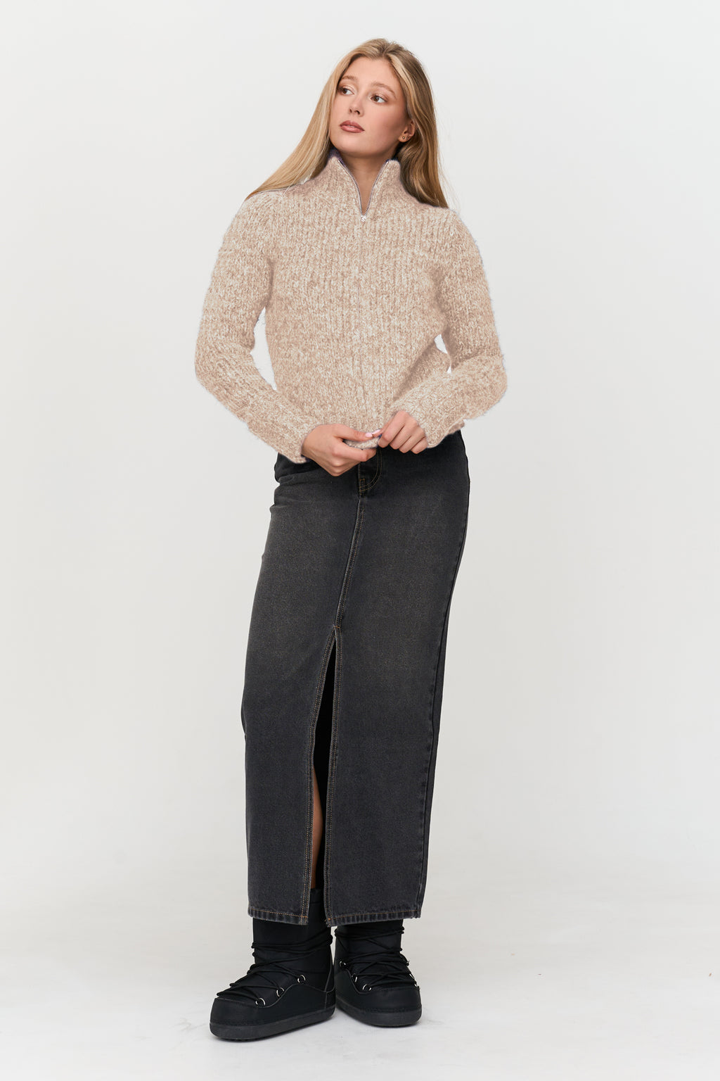 High Neck Cardigan - Beige