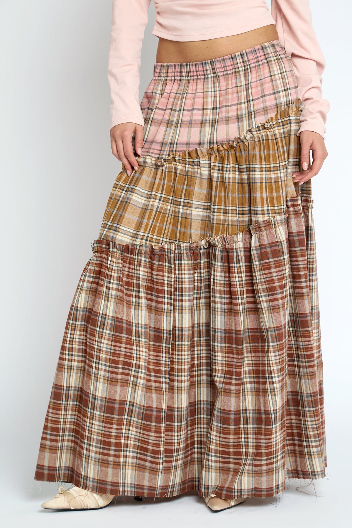 Pammy Skirt - Pink Mustard/Burgundy Check