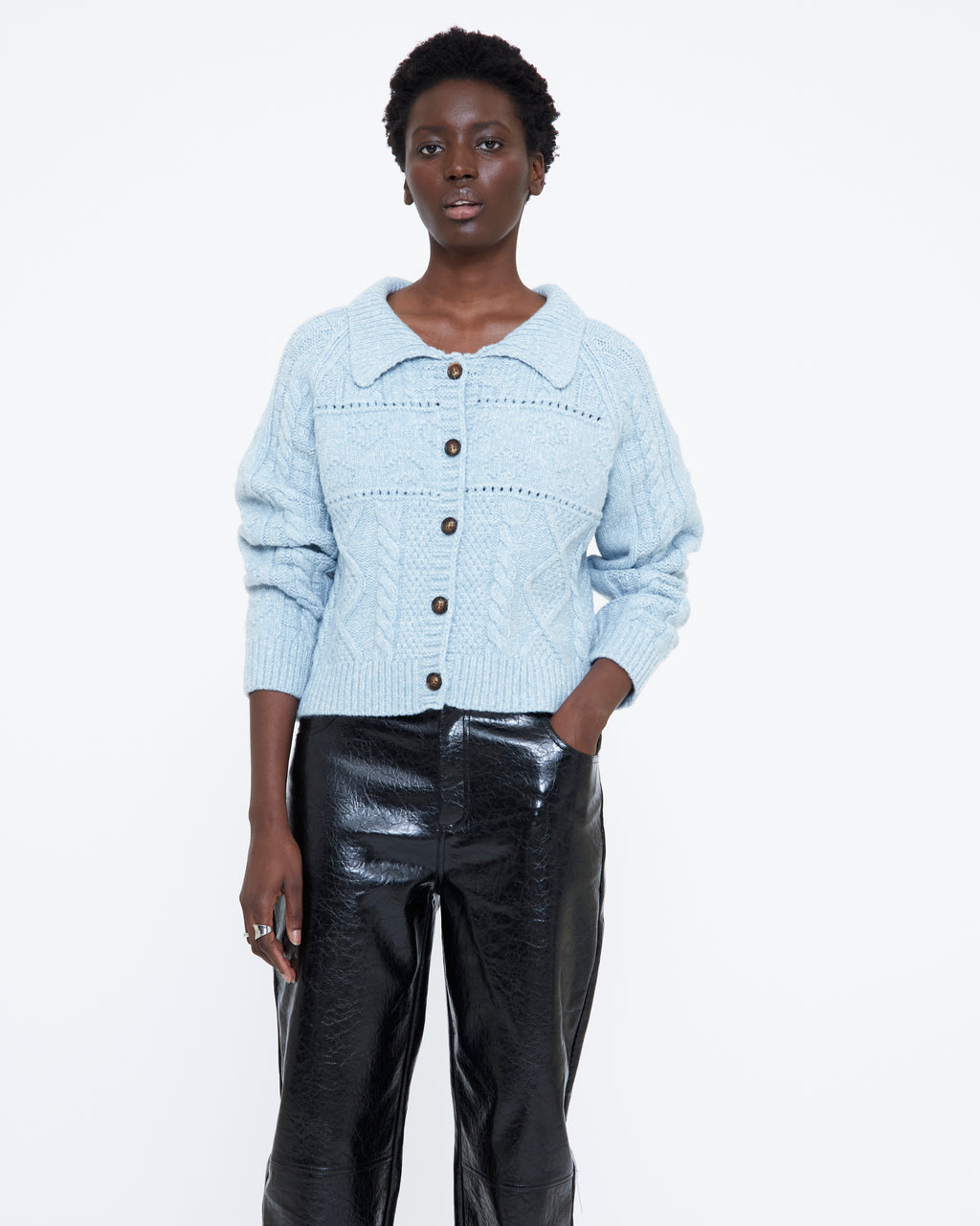 Collared Pattern Cardigan - Light Blue