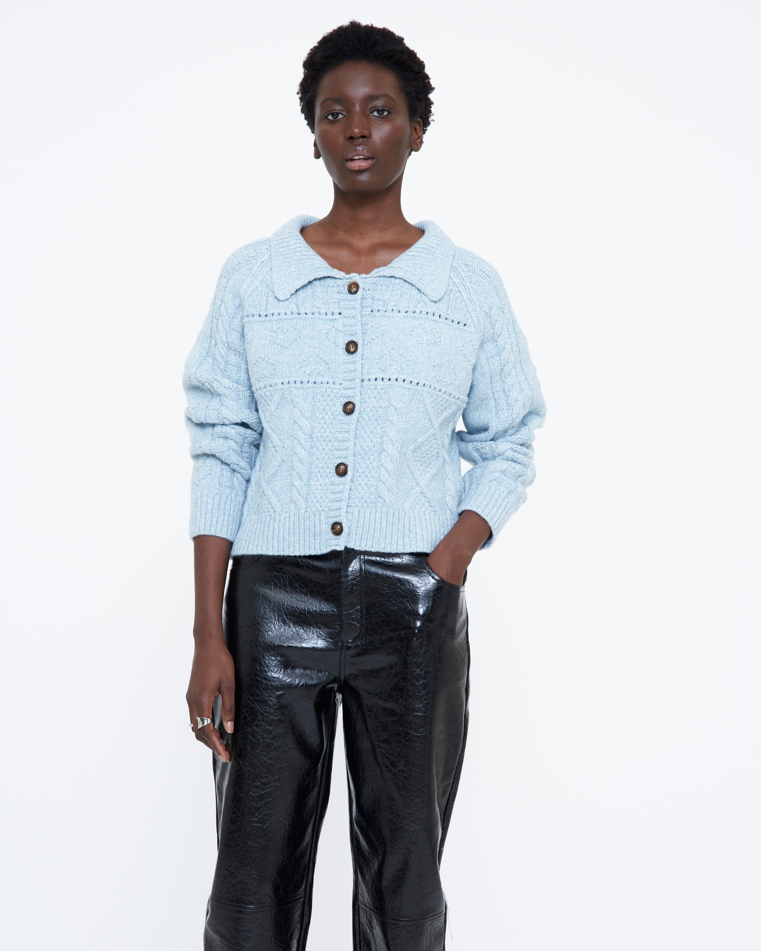 Collared Pattern Cardigan - Light Blue