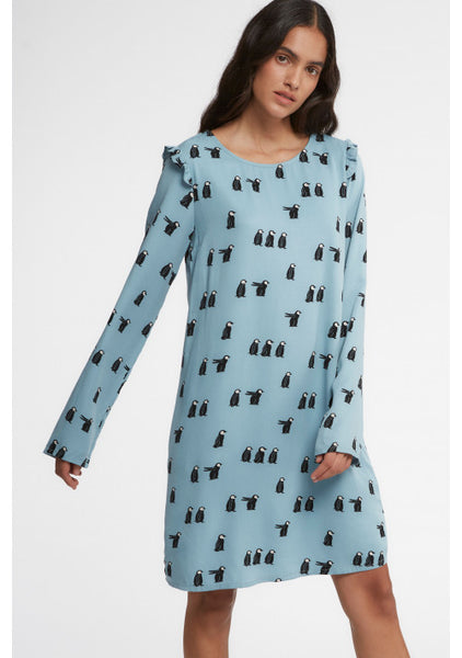 Penguin Print Dress with Shoulder Ruffle